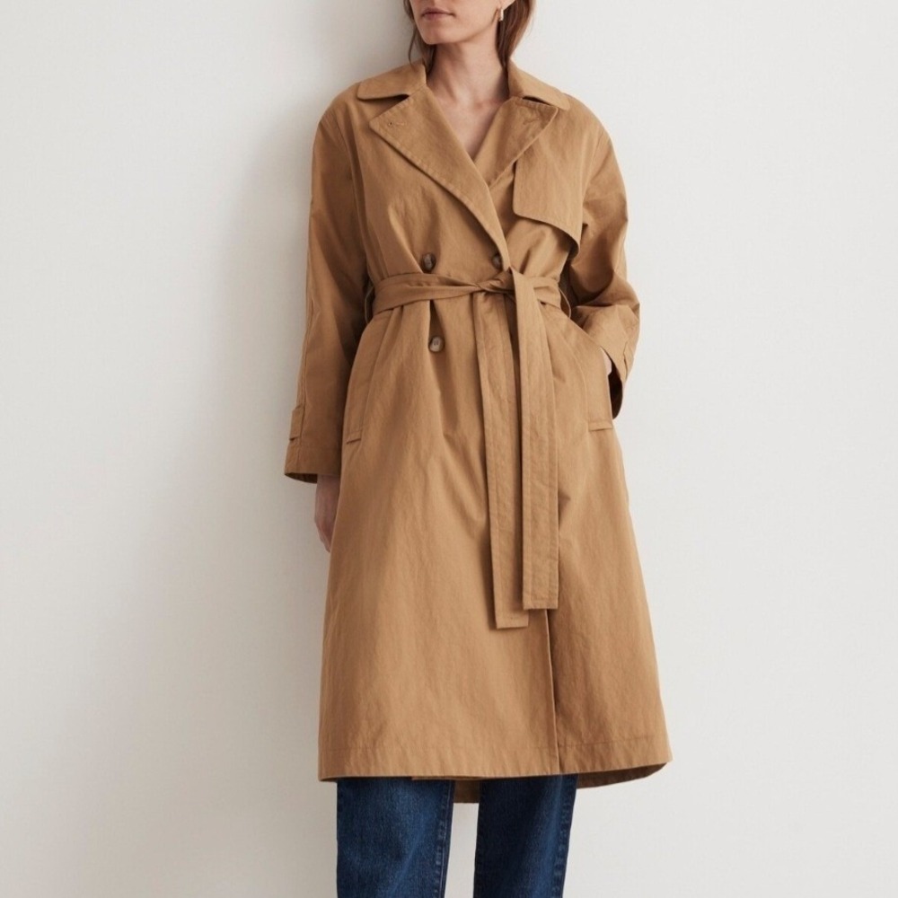 Madewell Signature Trench Coat Dark Khaki Tan Brown Jacket Button Tie Small